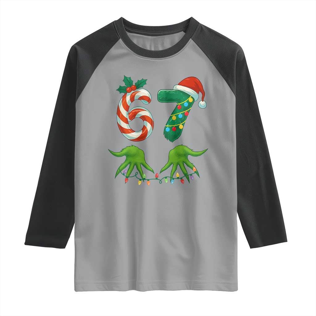 Funny Six Seven Christmas 67 Meme Gen Alpha Slang Elf Hands Raglan Shirt - Wonder Print Shop