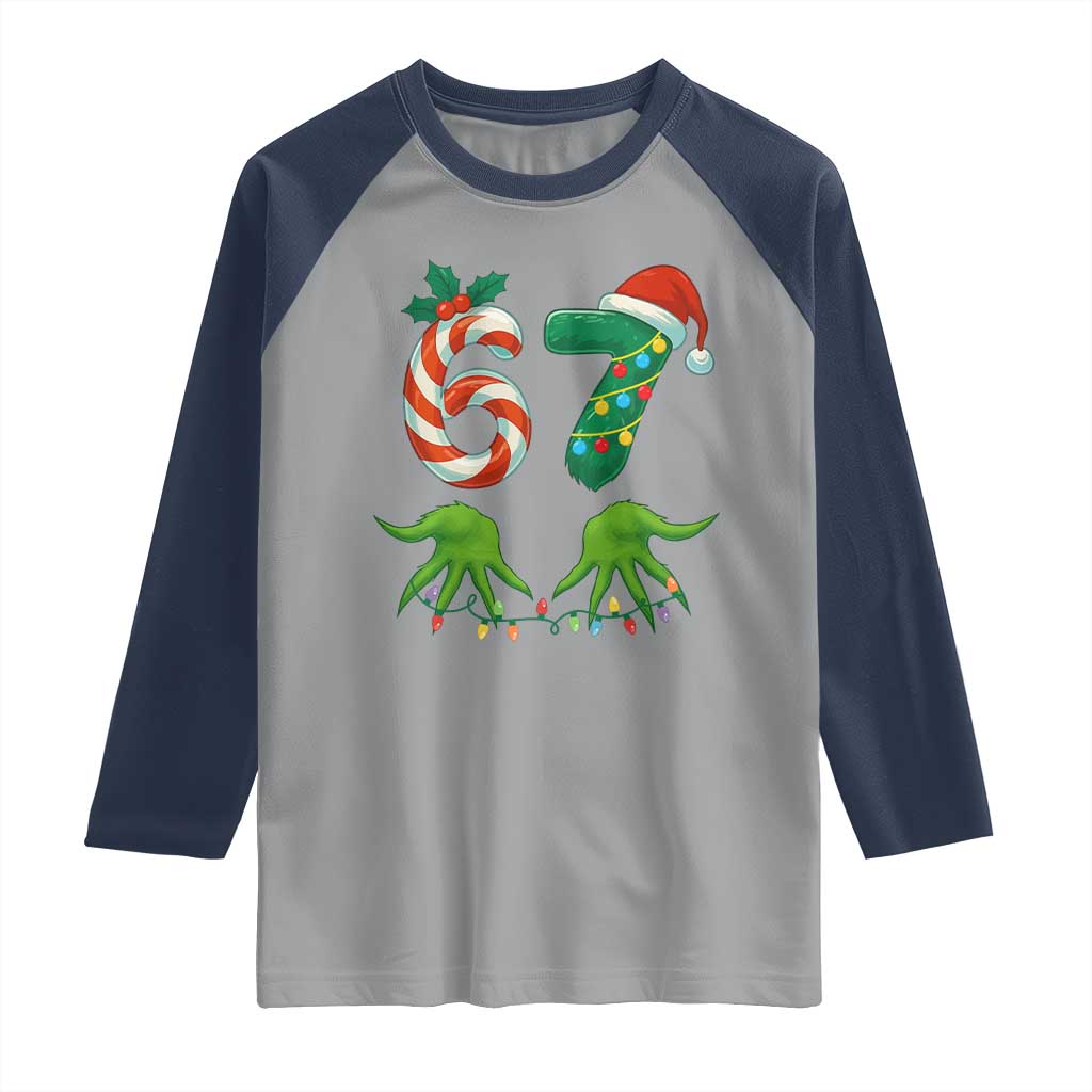 Funny Six Seven Christmas 67 Meme Gen Alpha Slang Elf Hands Raglan Shirt - Wonder Print Shop