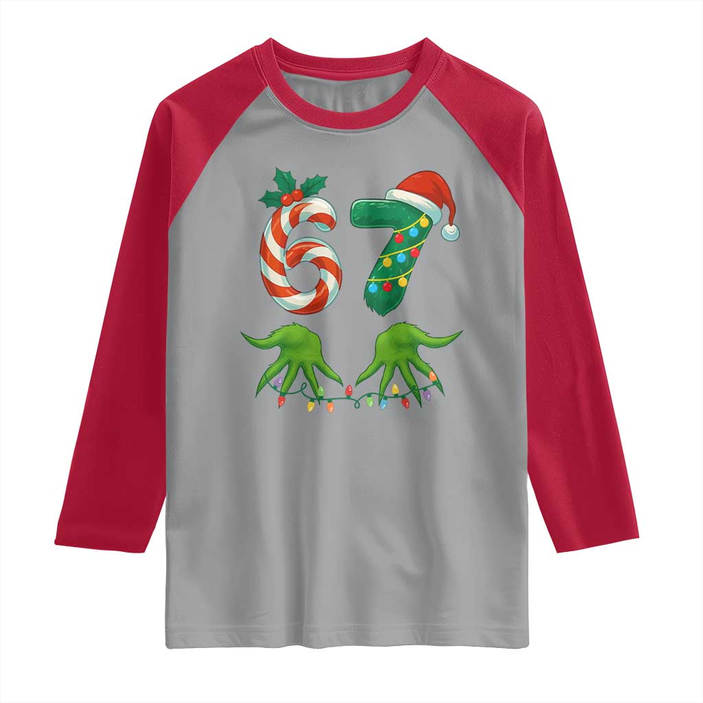 Funny Six Seven Christmas 67 Meme Gen Alpha Slang Elf Hands Raglan Shirt - Wonder Print Shop