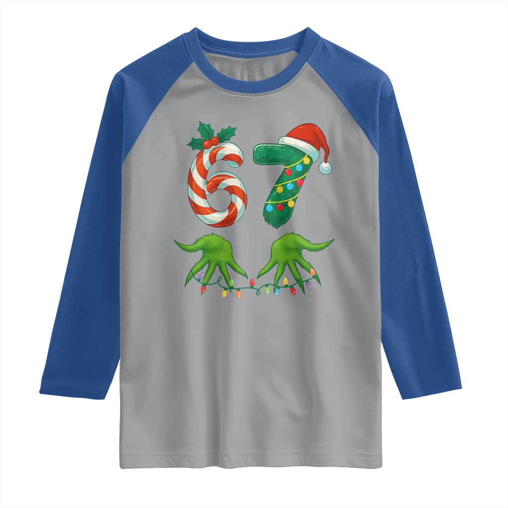 Funny Six Seven Christmas 67 Meme Gen Alpha Slang Elf Hands Raglan Shirt - Wonder Print Shop