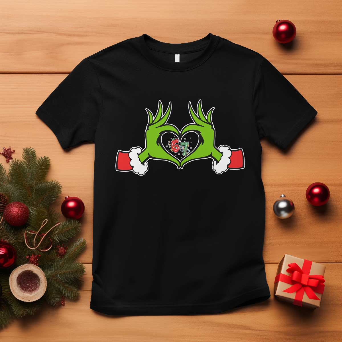 Funny Six Seven Christmas 67 Meme Gen Alpha Elf Heart Hands T Shirt - Wonder Print Shop