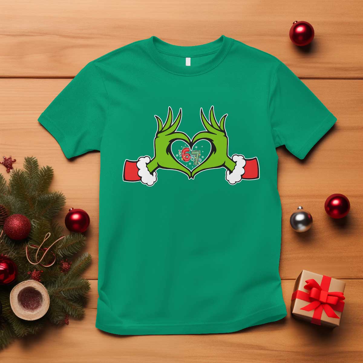 Funny Six Seven Christmas 67 Meme Gen Alpha Elf Heart Hands T Shirt - Wonder Print Shop
