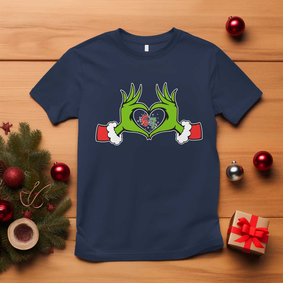 Funny Six Seven Christmas 67 Meme Gen Alpha Elf Heart Hands T Shirt - Wonder Print Shop
