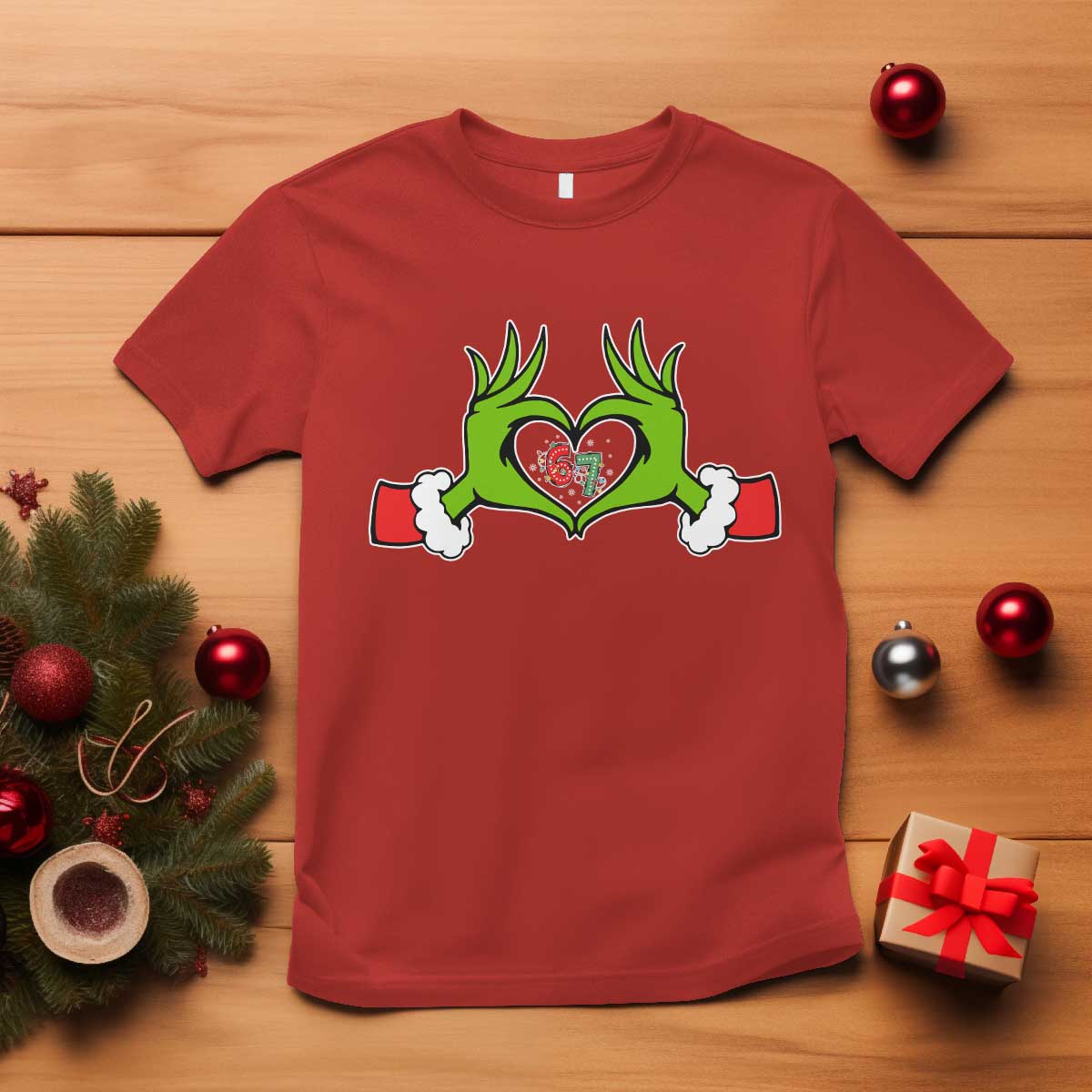 Funny Six Seven Christmas 67 Meme Gen Alpha Elf Heart Hands T Shirt - Wonder Print Shop