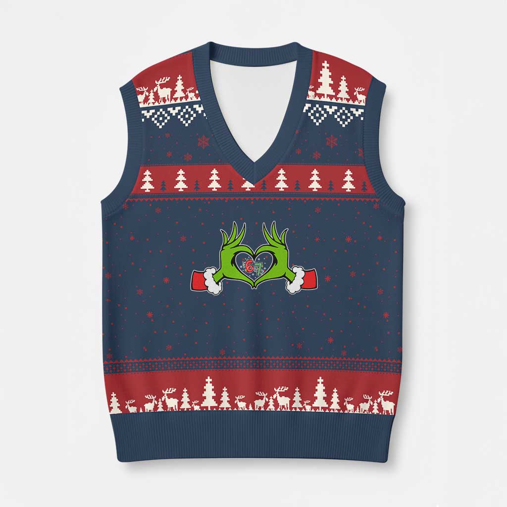Funny Six Seven Xmas 67 Meme Gen Alpha Elf Heart Hands V-Neck Knit Sweater Vest - Wonder Print Shop