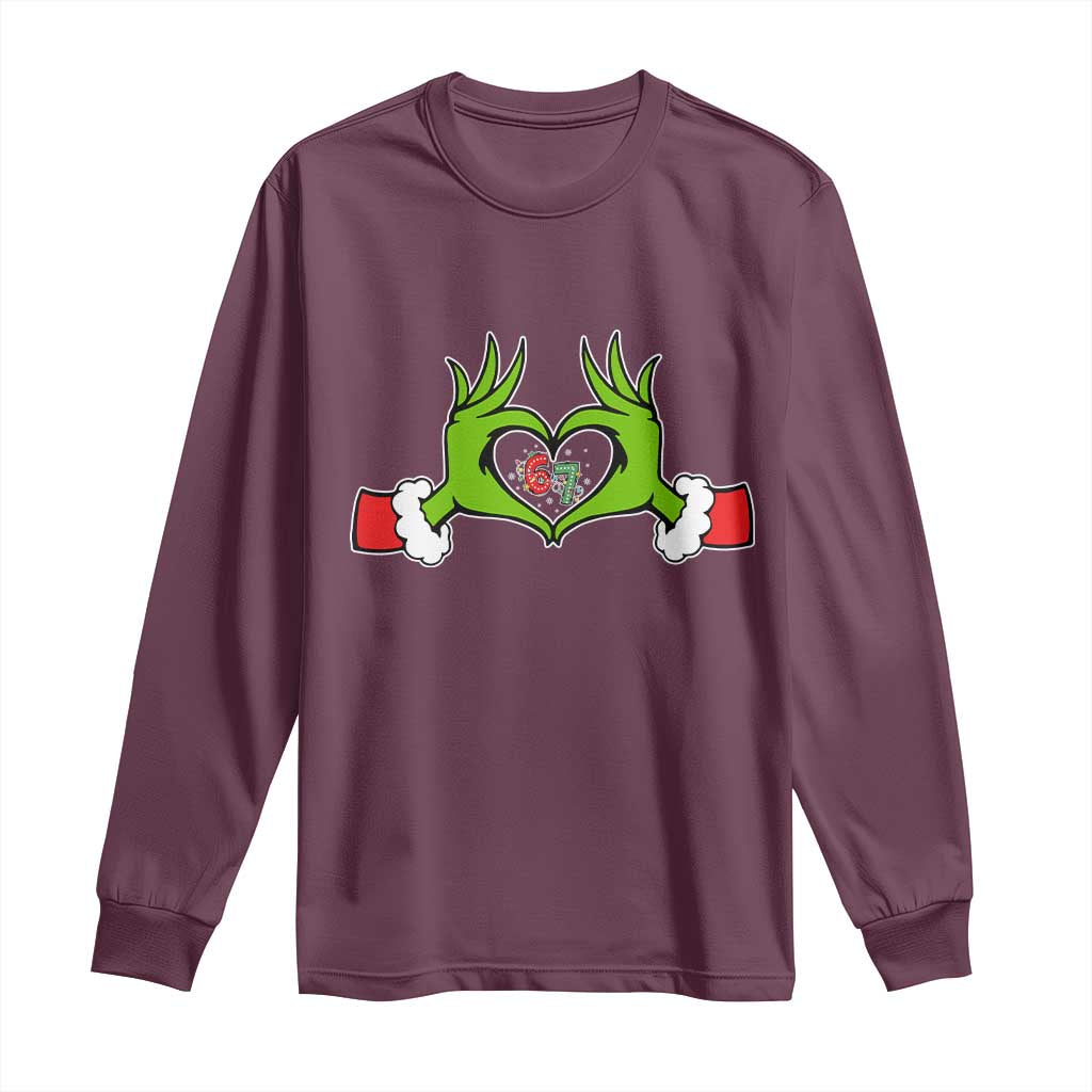 Funny Six Seven Christmas 67 Meme Gen Alpha Elf Heart Hands Long Sleeve Shirt - Wonder Print Shop