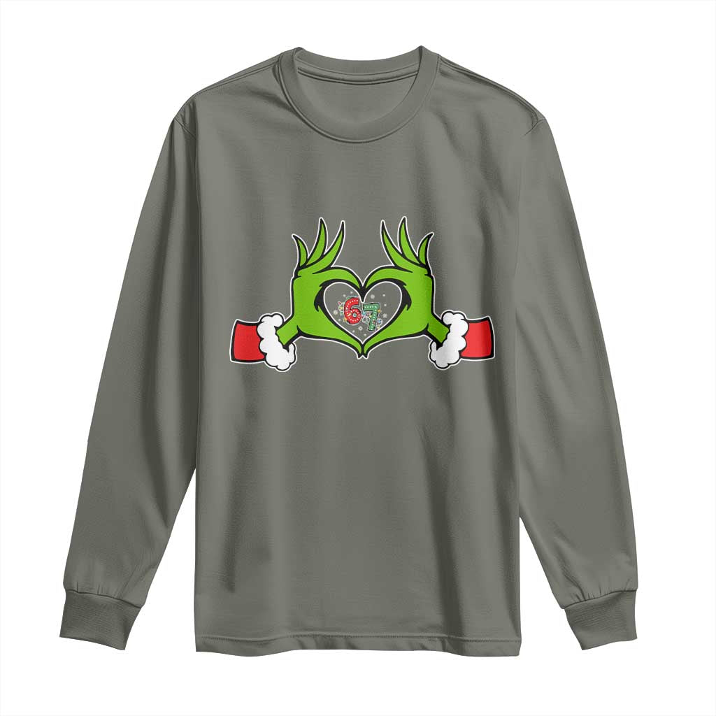 Funny Six Seven Christmas 67 Meme Gen Alpha Elf Heart Hands Long Sleeve Shirt - Wonder Print Shop
