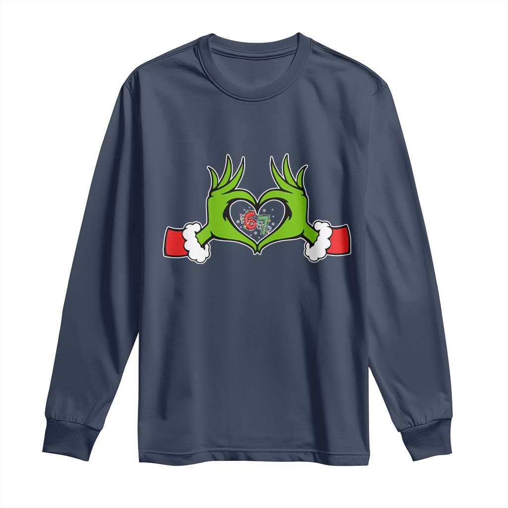 Funny Six Seven Christmas 67 Meme Gen Alpha Elf Heart Hands Long Sleeve Shirt - Wonder Print Shop