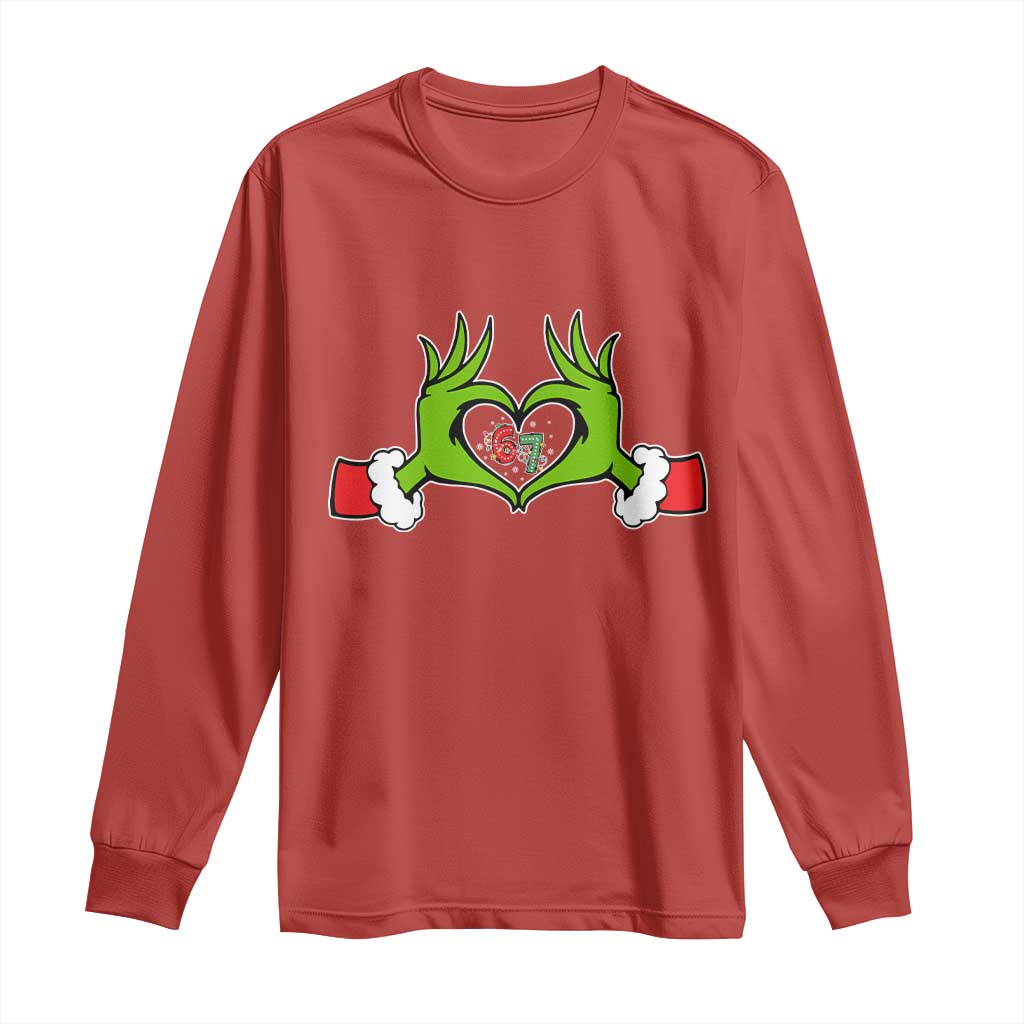 Funny Six Seven Christmas 67 Meme Gen Alpha Elf Heart Hands Long Sleeve Shirt - Wonder Print Shop