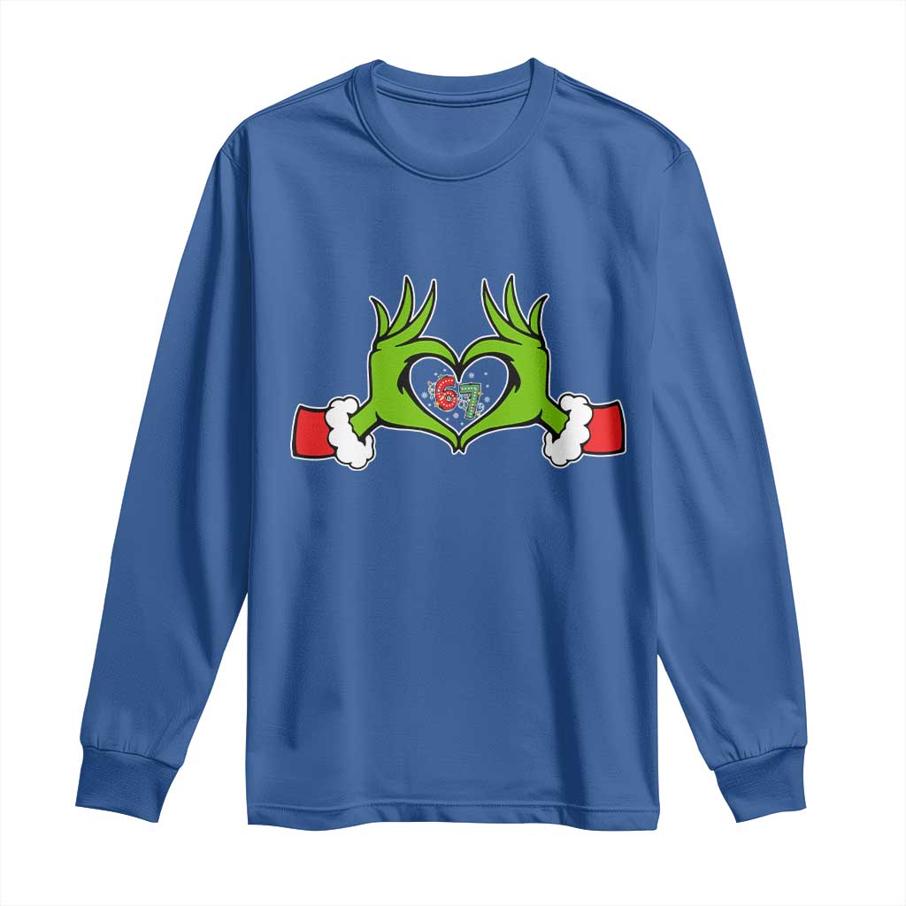 Funny Six Seven Christmas 67 Meme Gen Alpha Elf Heart Hands Long Sleeve Shirt - Wonder Print Shop