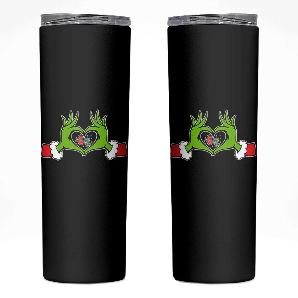 Funny Six Seven Christmas 67 Meme Gen Alpha Elf Heart Hands Skinny Tumbler - Wonder Print Shop