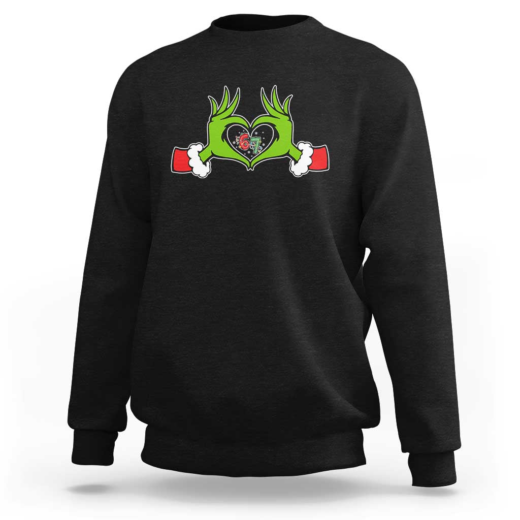 Funny Six Seven Christmas 67 Meme Gen Alpha Elf Heart Hands Sweatshirt - Wonder Print Shop