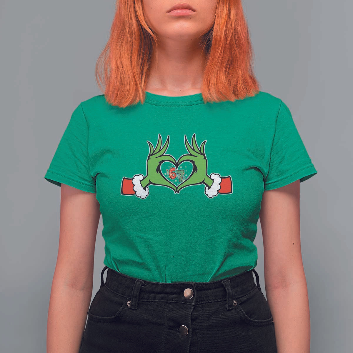 Funny Six Seven Christmas 67 Meme Gen Alpha Elf Heart Hands T Shirt For Women - Wonder Print Shop