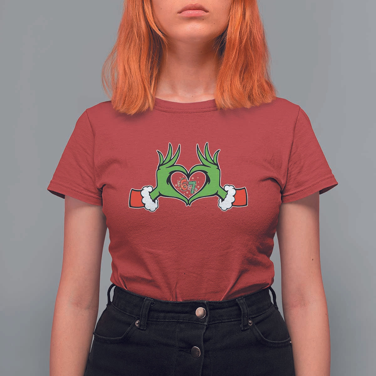 Funny Six Seven Christmas 67 Meme Gen Alpha Elf Heart Hands T Shirt For Women - Wonder Print Shop