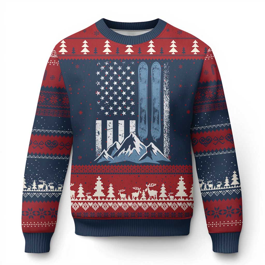 Alpine Skiing Skier Ugly Christmas Sweater Vintage American Flag Winter Sport - Wonder Print Shop