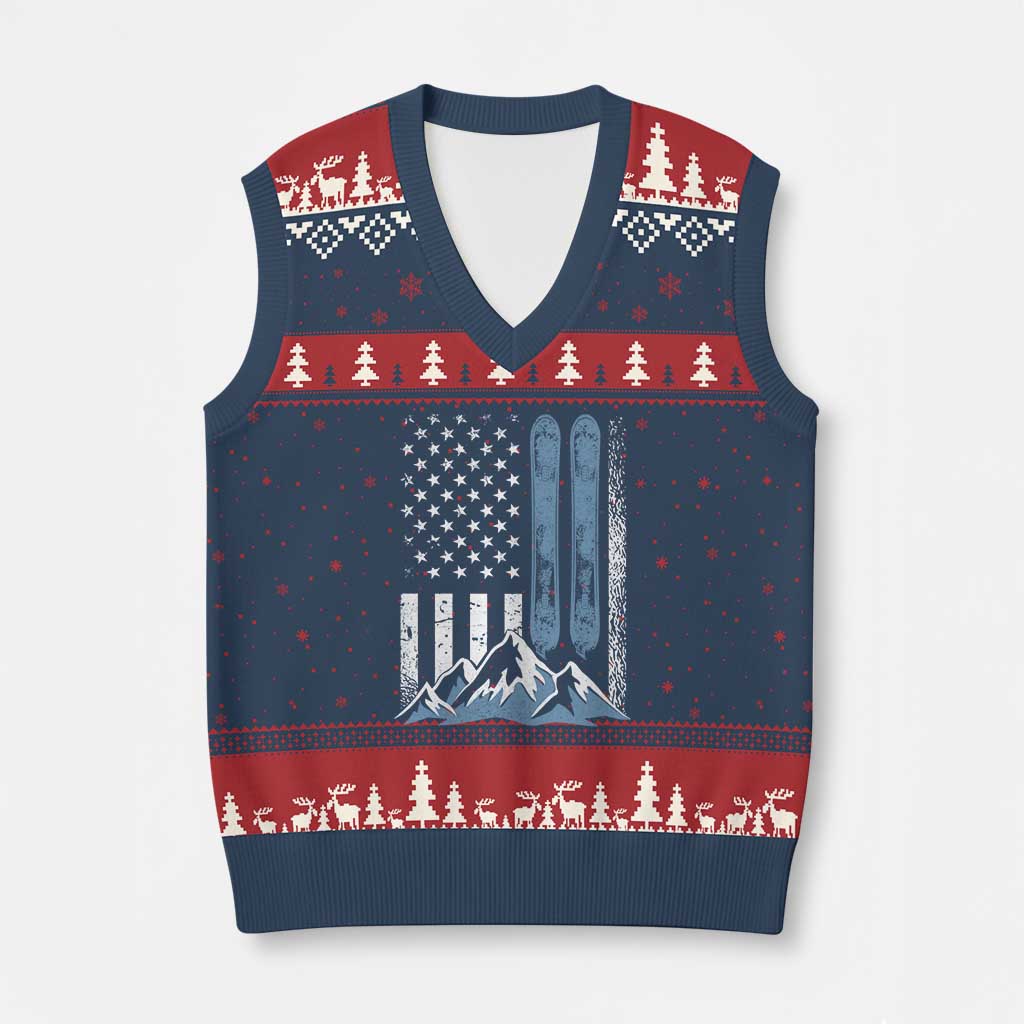 Alpine Skiing Skier V-Neck Knit Sweater Vest Vintage American Flag Winter Sport - Wonder Print Shop