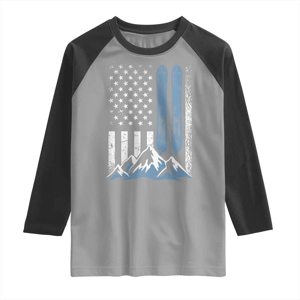 Alpine Skiing Skier Raglan Shirt Vintage American Flag Winter Sport - Wonder Print Shop
