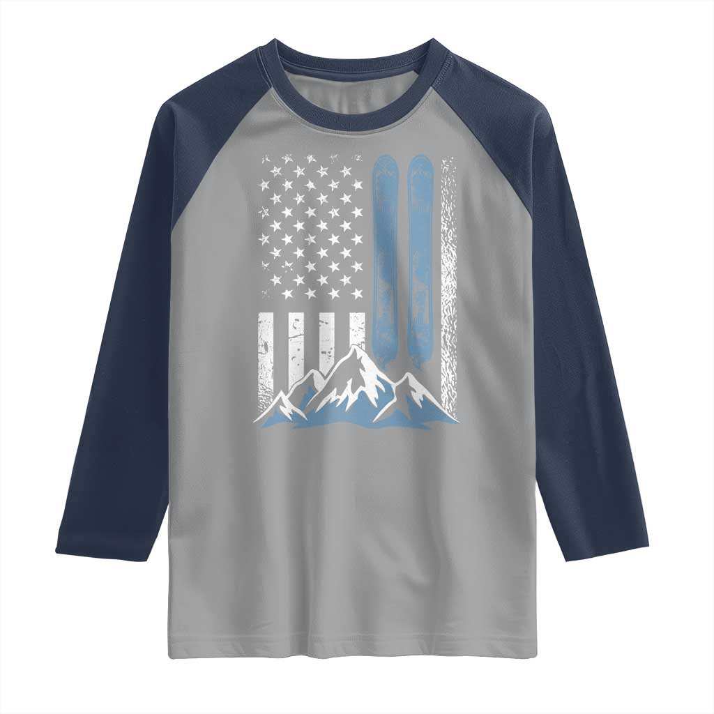 Alpine Skiing Skier Raglan Shirt Vintage American Flag Winter Sport - Wonder Print Shop