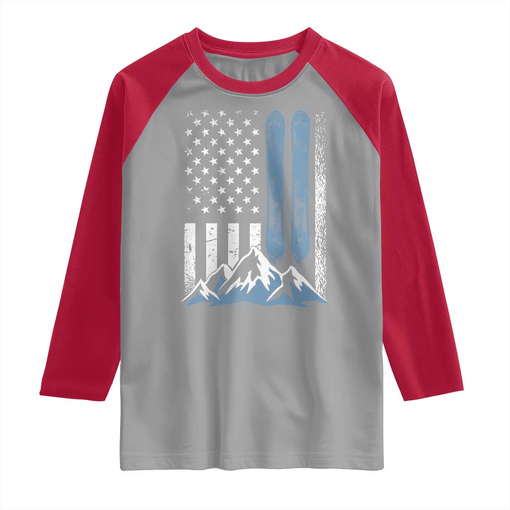 Alpine Skiing Skier Raglan Shirt Vintage American Flag Winter Sport - Wonder Print Shop