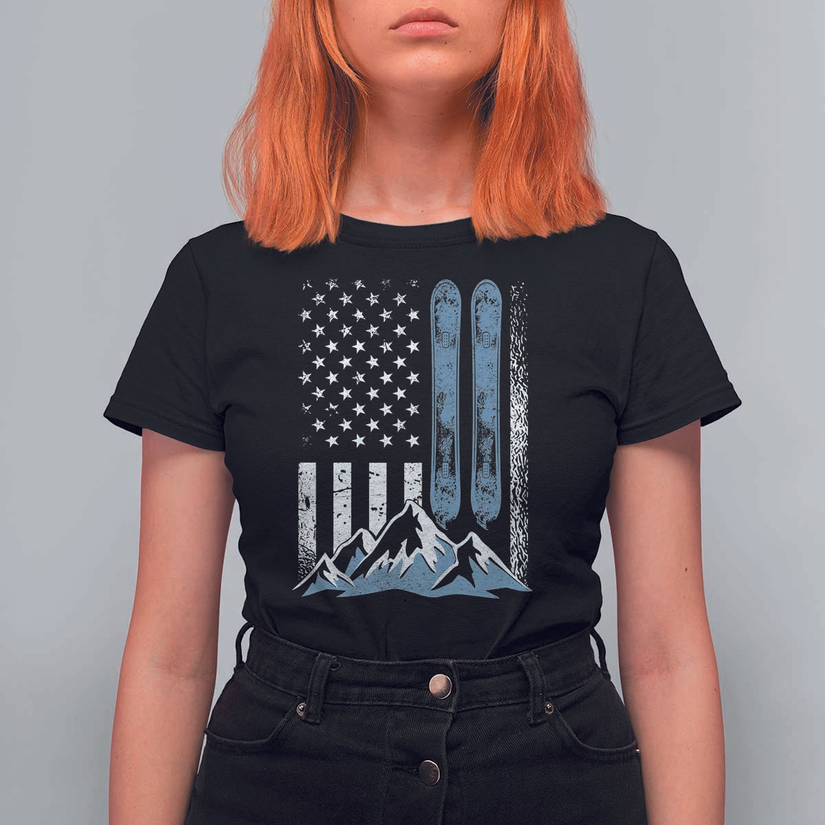 Alpine Skiing Skier T Shirt For Women Vintage American Flag Winter Sport - Wonder Print Shop