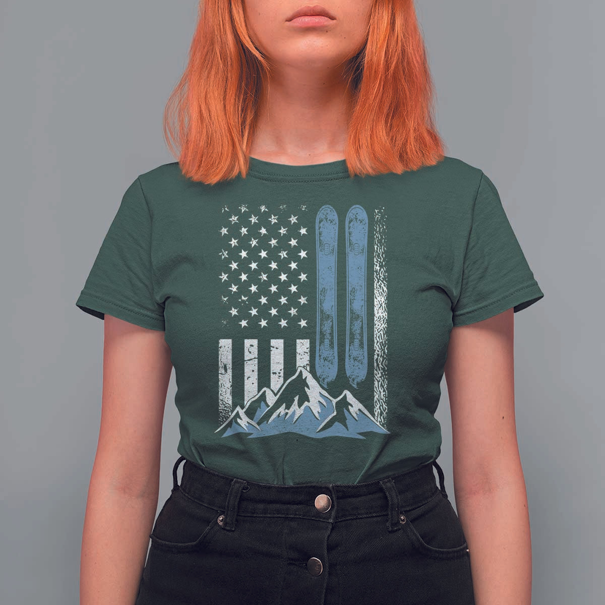 Alpine Skiing Skier T Shirt For Women Vintage American Flag Winter Sport - Wonder Print Shop