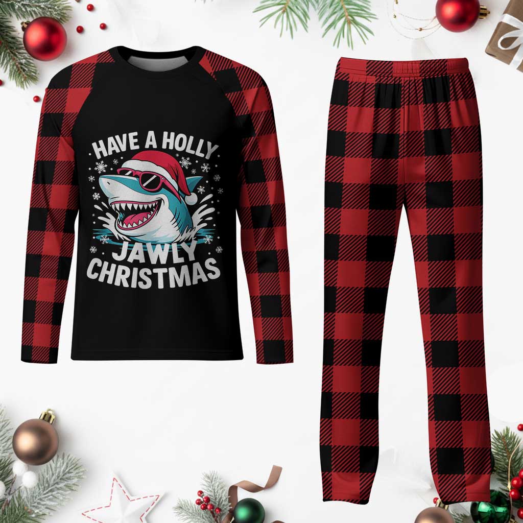 Funny Xmas Shark Plaid Pajama Set Have A Holly Jawly Christmas Santa Hat - Wonder Print Shop