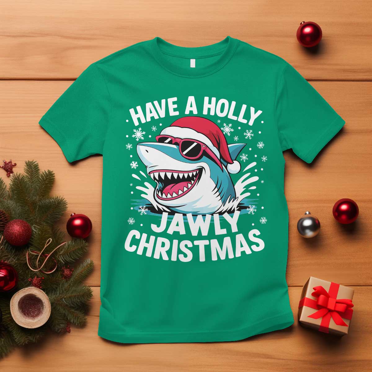 Funny Xmas Shark T Shirt Have A Holly Jawly Christmas Santa Hat - Wonder Print Shop