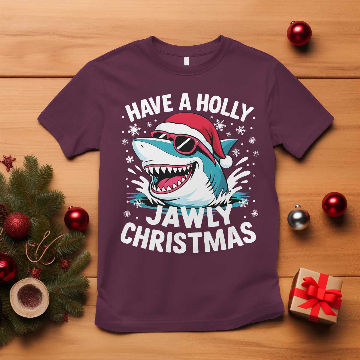 Funny Xmas Shark T Shirt Have A Holly Jawly Christmas Santa Hat - Wonder Print Shop