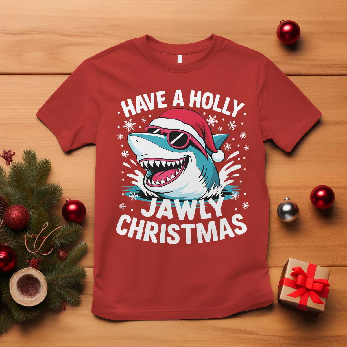 Funny Xmas Shark T Shirt Have A Holly Jawly Christmas Santa Hat - Wonder Print Shop