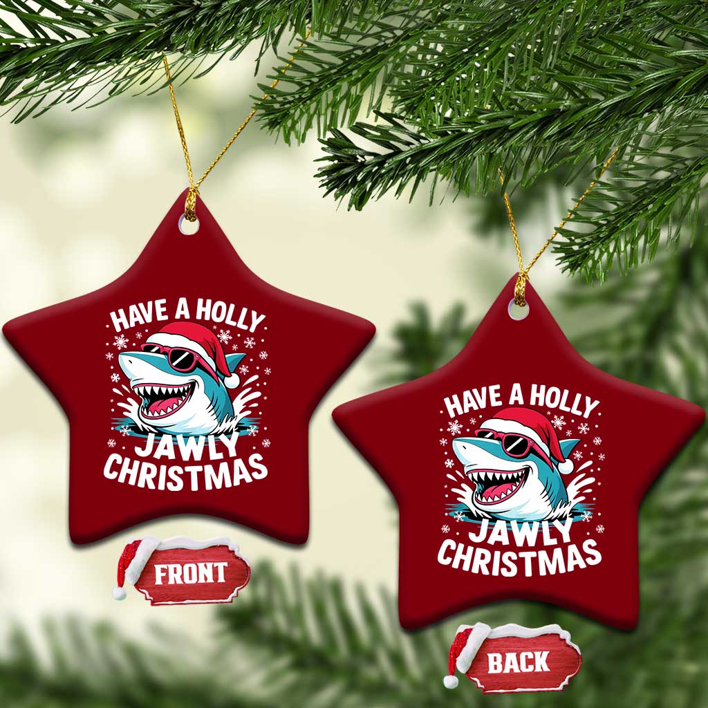 Funny Xmas Shark Ceramic Ornament Have A Holly Jawly Christmas Santa Hat - Wonder Print Shop