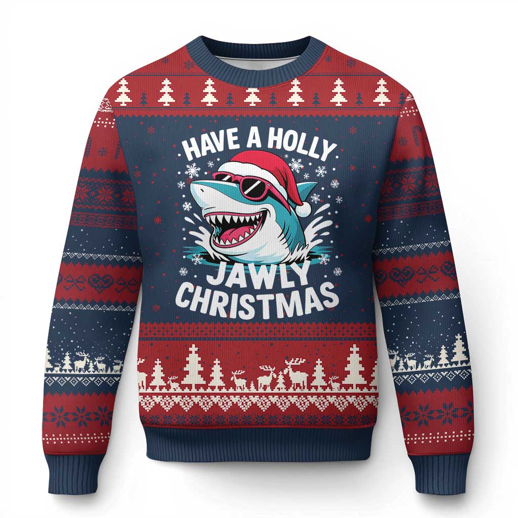 Funny Xmas Shark Ugly Christmas Sweater Have A Holly Jawly Xmas Santa Hat - Wonder Print Shop