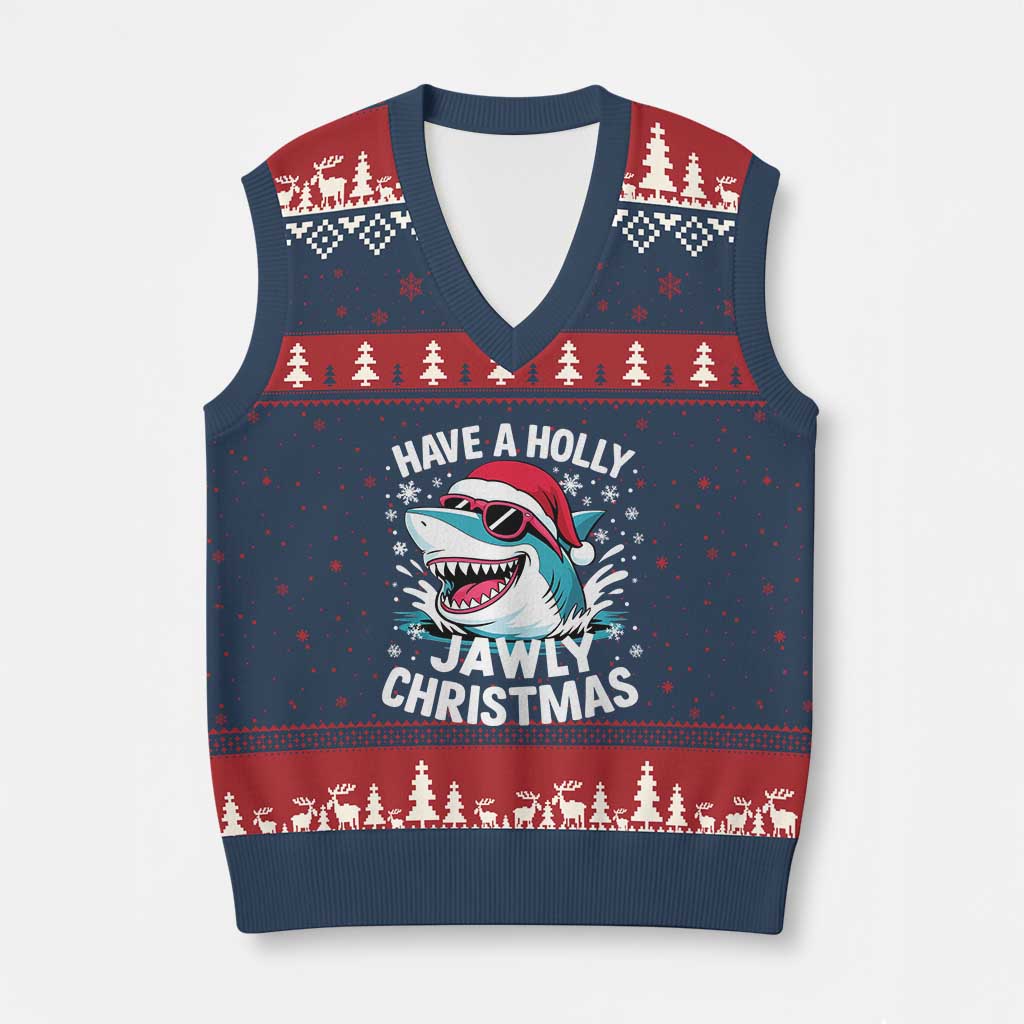 Funny Xmas Shark V-Neck Knit Sweater Vest Have A Holly Jawly Xmas Santa Hat - Wonder Print Shop