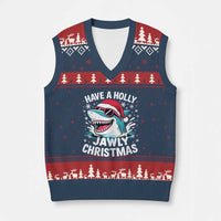 Funny Xmas Shark V-Neck Knit Sweater Vest Have A Holly Jawly Xmas Santa Hat - Wonder Print Shop