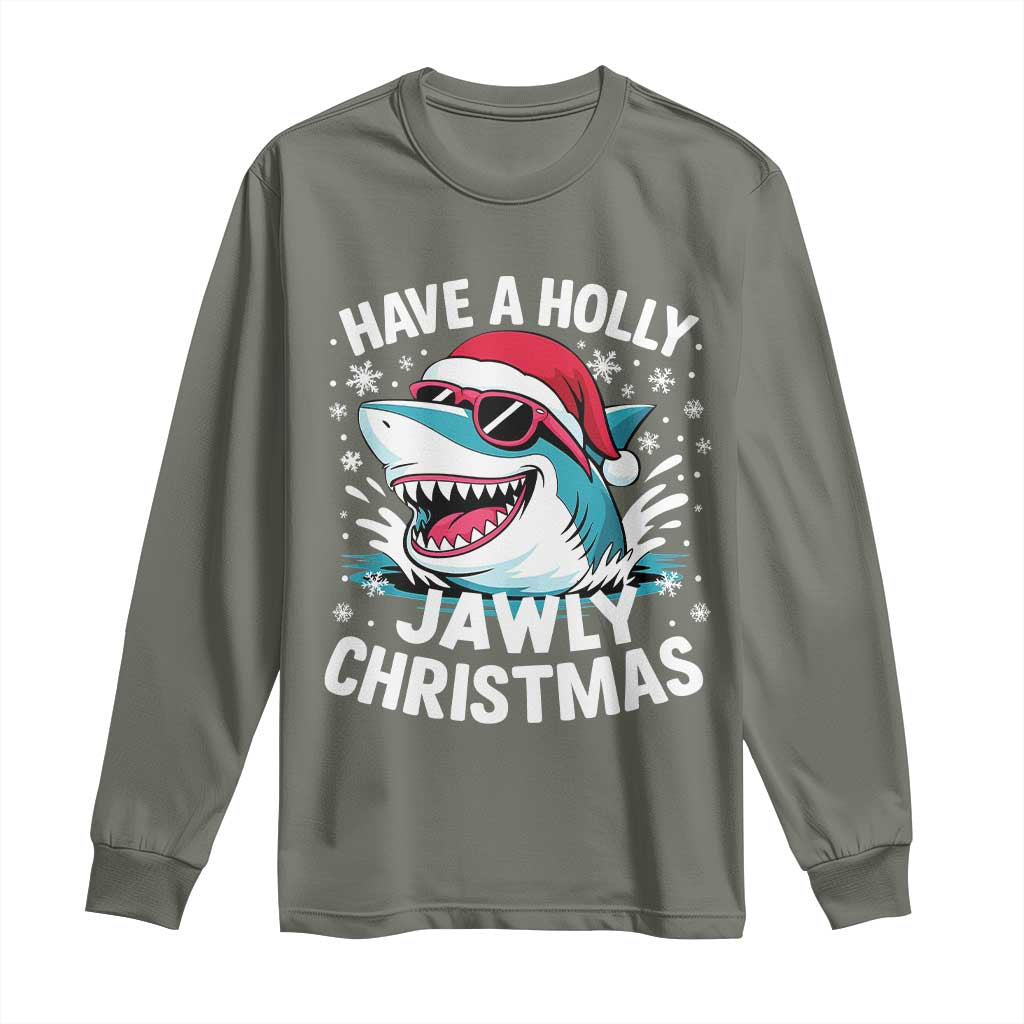 Funny Xmas Shark Long Sleeve Shirt Have A Holly Jawly Christmas Santa Hat - Wonder Print Shop