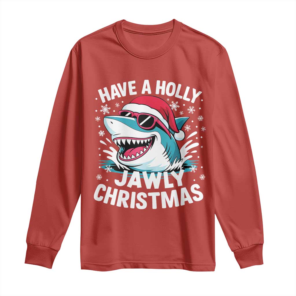 Funny Xmas Shark Long Sleeve Shirt Have A Holly Jawly Christmas Santa Hat - Wonder Print Shop
