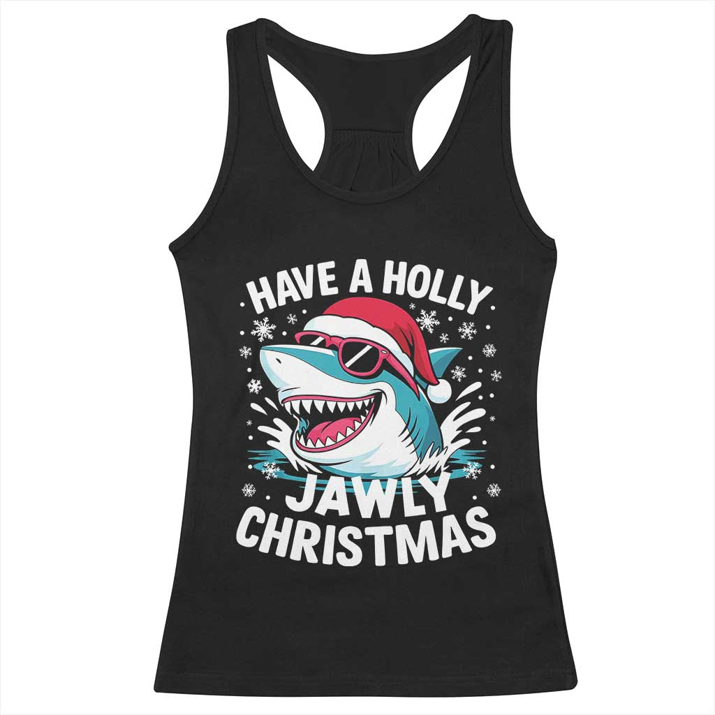 Funny Xmas Shark Racerback Tank Top Have A Holly Jawly Christmas Santa Hat - Wonder Print Shop