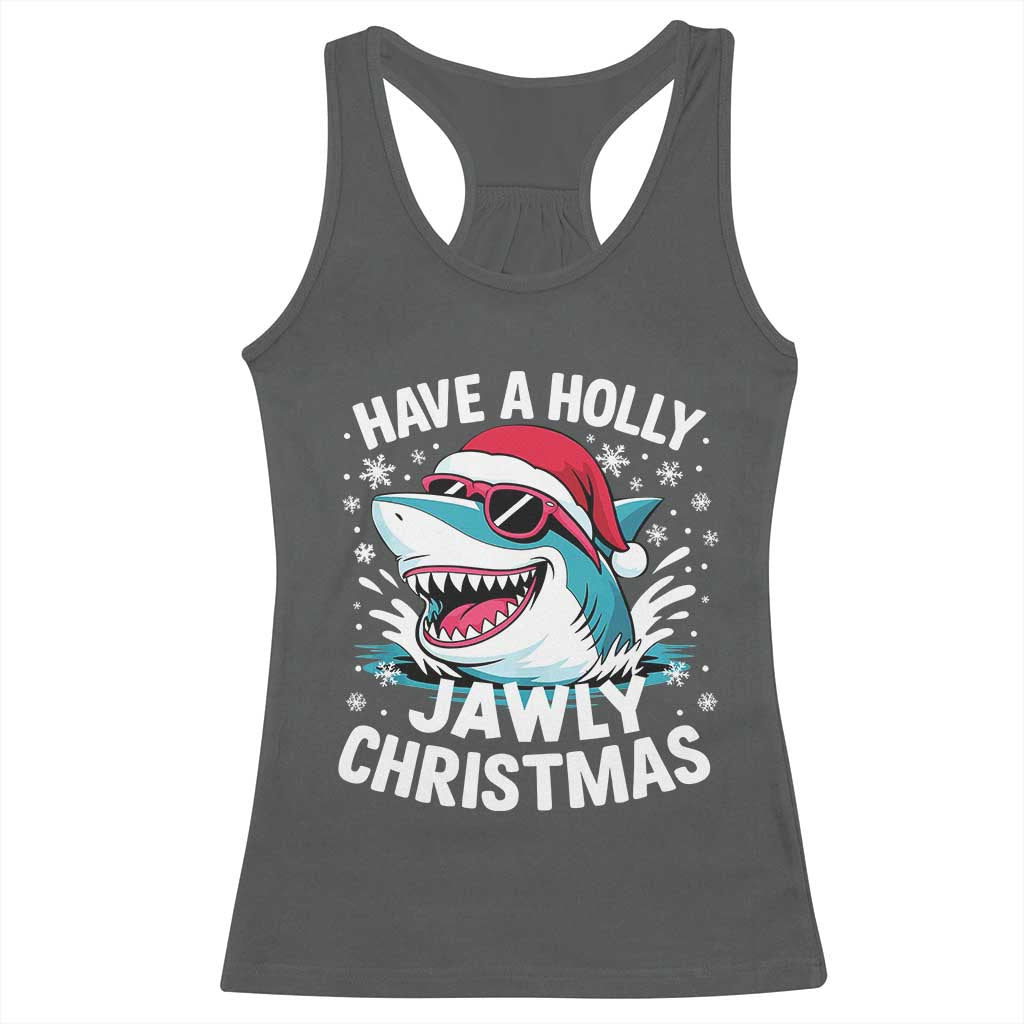 Funny Xmas Shark Racerback Tank Top Have A Holly Jawly Christmas Santa Hat - Wonder Print Shop