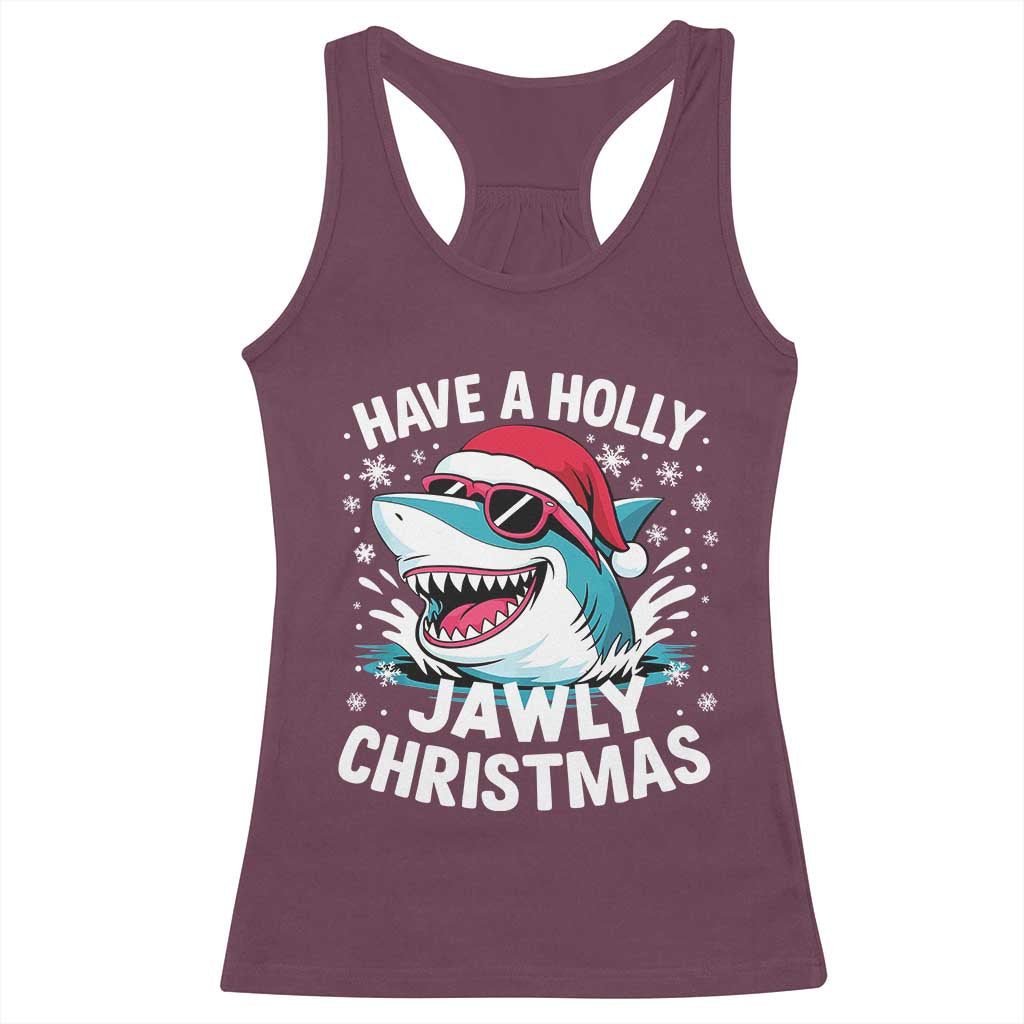 Funny Xmas Shark Racerback Tank Top Have A Holly Jawly Christmas Santa Hat - Wonder Print Shop