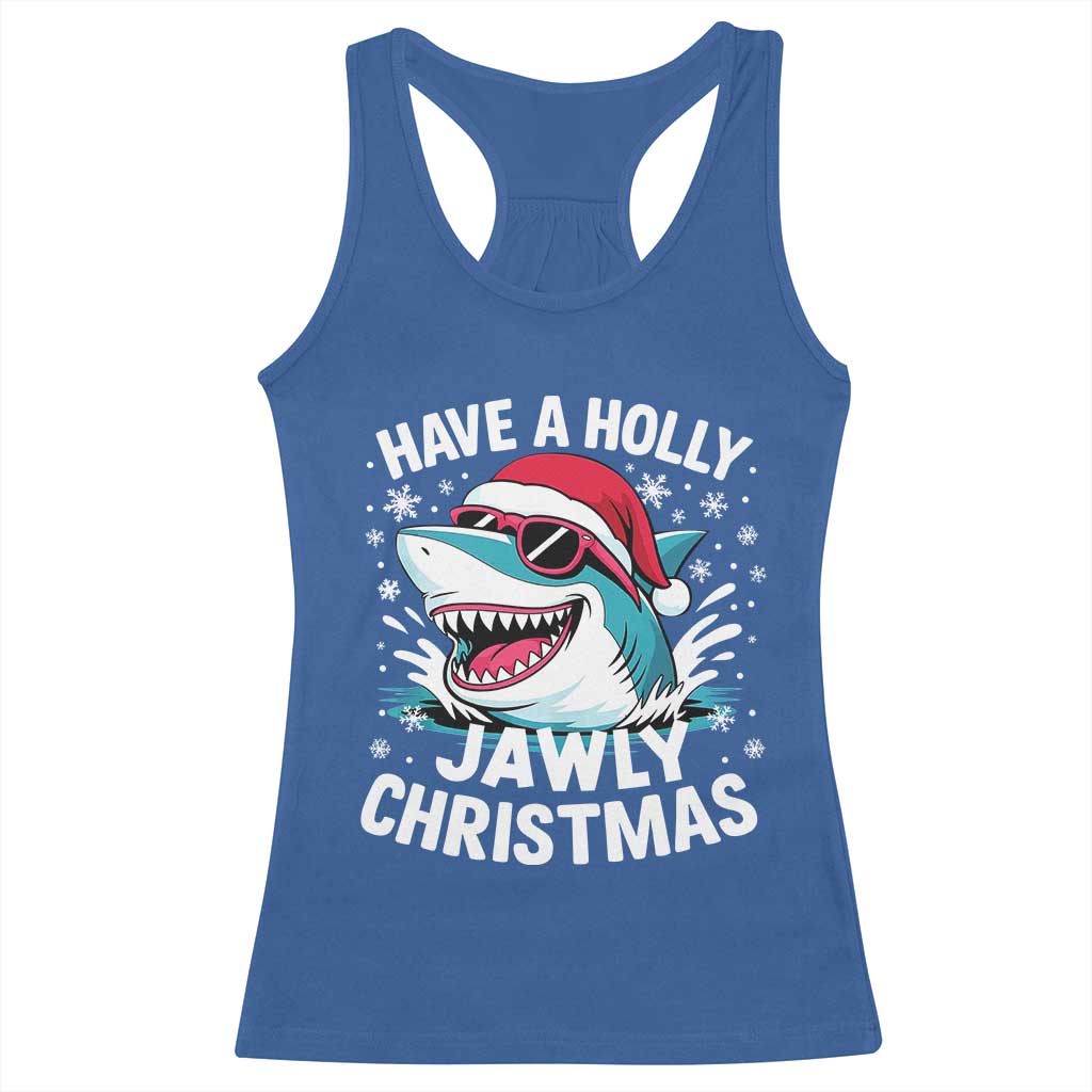 Funny Xmas Shark Racerback Tank Top Have A Holly Jawly Christmas Santa Hat - Wonder Print Shop