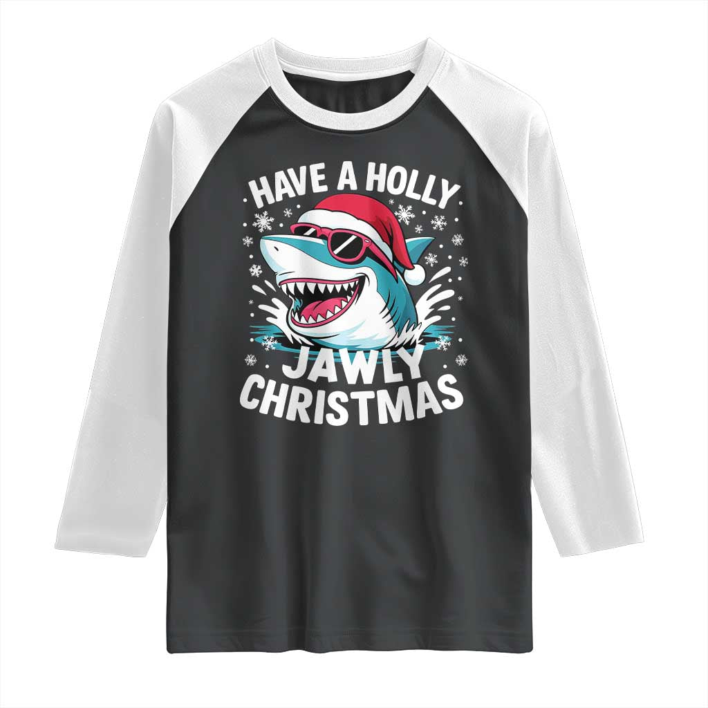 Funny Xmas Shark Raglan Shirt Have A Holly Jawly Christmas Santa Hat - Wonder Print Shop