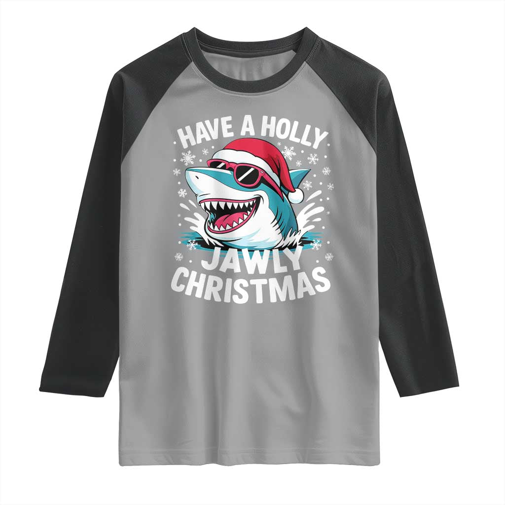 Funny Xmas Shark Raglan Shirt Have A Holly Jawly Christmas Santa Hat - Wonder Print Shop