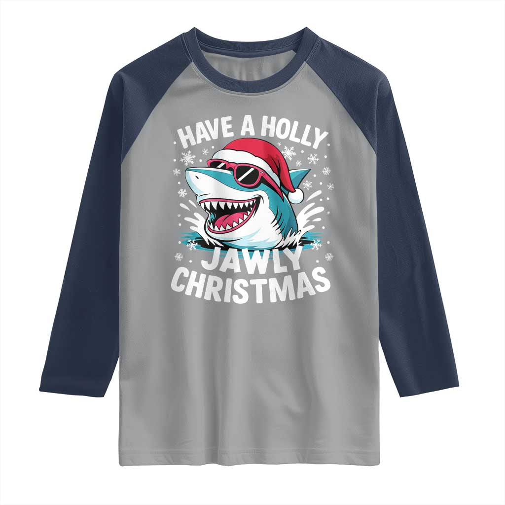 Funny Xmas Shark Raglan Shirt Have A Holly Jawly Christmas Santa Hat - Wonder Print Shop