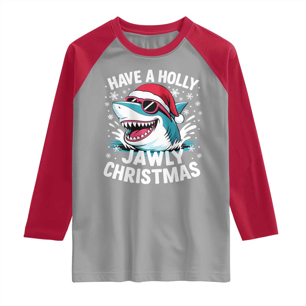 Funny Xmas Shark Raglan Shirt Have A Holly Jawly Christmas Santa Hat - Wonder Print Shop