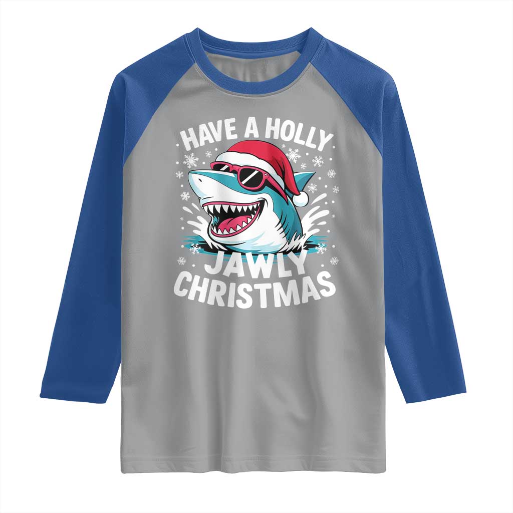 Funny Xmas Shark Raglan Shirt Have A Holly Jawly Christmas Santa Hat - Wonder Print Shop