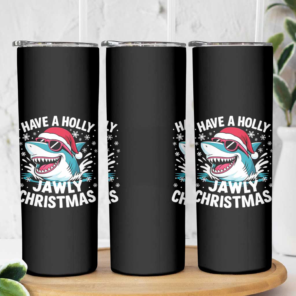 Funny Xmas Shark Skinny Tumbler Have A Holly Jawly Christmas Santa Hat - Wonder Print Shop