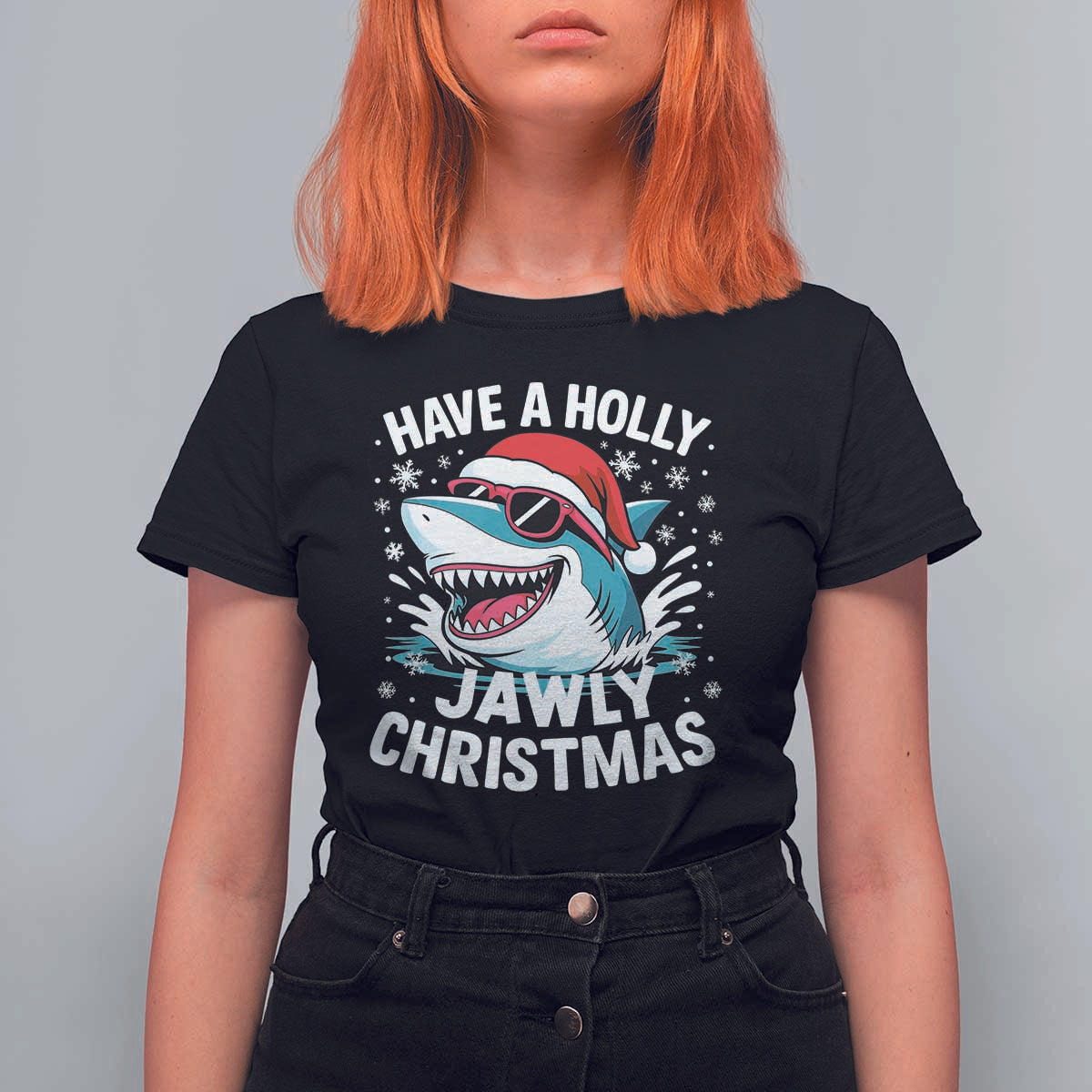Funny Xmas Shark T Shirt For Women Have A Holly Jawly Christmas Santa Hat - Wonder Print Shop