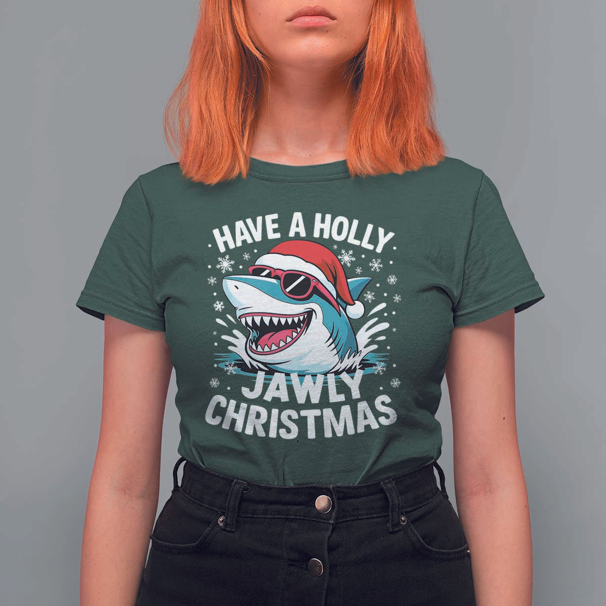 Funny Xmas Shark T Shirt For Women Have A Holly Jawly Christmas Santa Hat - Wonder Print Shop