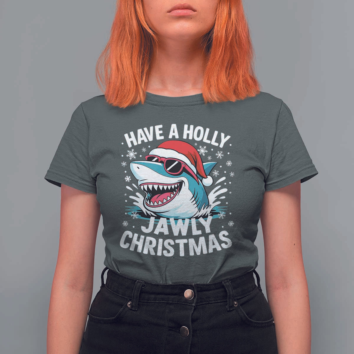 Funny Xmas Shark T Shirt For Women Have A Holly Jawly Christmas Santa Hat - Wonder Print Shop