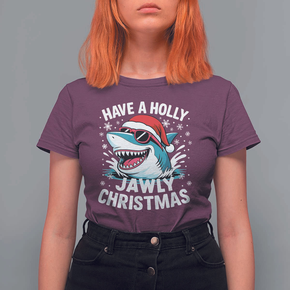 Funny Xmas Shark T Shirt For Women Have A Holly Jawly Christmas Santa Hat - Wonder Print Shop