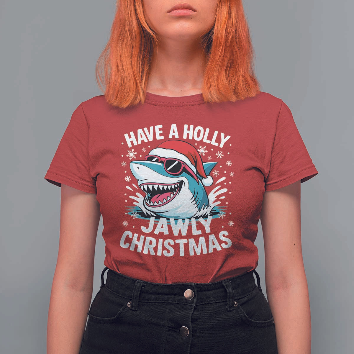 Funny Xmas Shark T Shirt For Women Have A Holly Jawly Christmas Santa Hat - Wonder Print Shop
